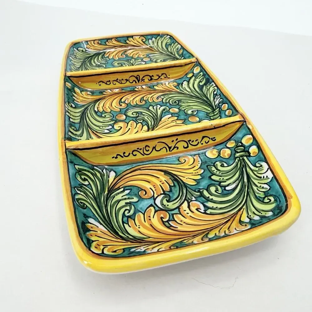 Colorful Ceramic Slotted Serving Tray Scroll Design Scaglia Caltagirone Italy